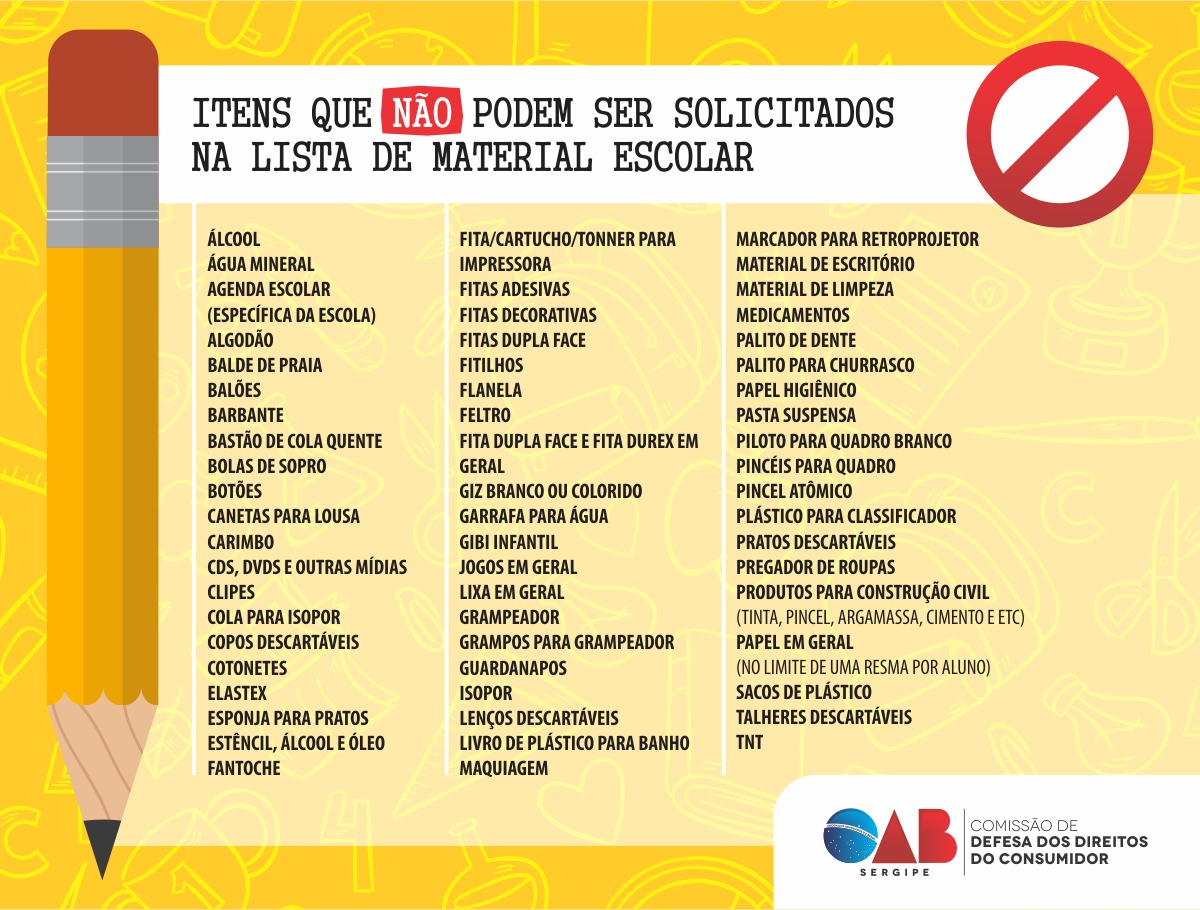 responsabilidad Omitido influenza OAB/SE orienta sobre itens que não podem ser solicitados na lista de material  escolar - OAB/SE - Ordem dos Advogados do Brasil