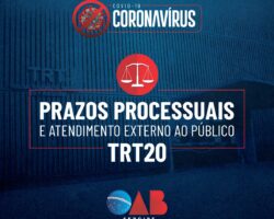 TRT20 suspende prazos processuais e prestação presencial de serviços até dia 30 de abril