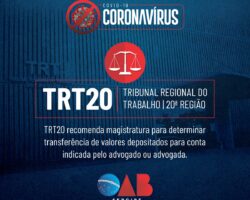 TRT20 recomenda transferência de valores depositados para conta indicada pela advocacia