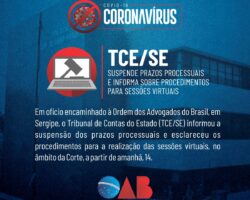 TCE/SE suspende prazos processuais e informa sobre procedimentos para sessões virtuais