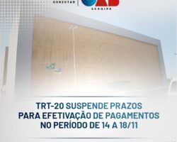 TRT-20 suspende prazos para efetivação de pagamentos no período de 14 a 18/11