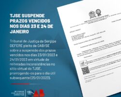 TJSE SUSPENDE PRAZOS VENCIDOS NOS DIAS 23 E 24 DE JANEIRO
