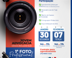 OAB/SE dá continuidade ao Projeto Primeira Foto Profissional. Inscrições estão abertas e as novas sessões acontecem dia 30/01 na sede da Ordem e, dia 07/02 na sede da Regional Itabaiana